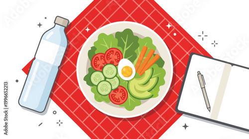 Flat Vector Illustration of Healthy Salad with Water Bottle and Notebook Diet Planning Concept