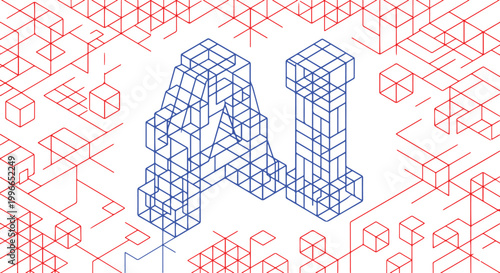 AI Isometric Wireframe Graphic of AI Letters - technology, data, digital, network
