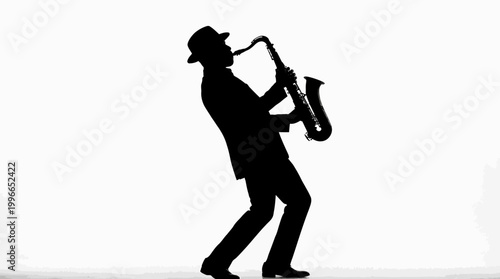Silhouette of a man playing saxophone in a suit and hat