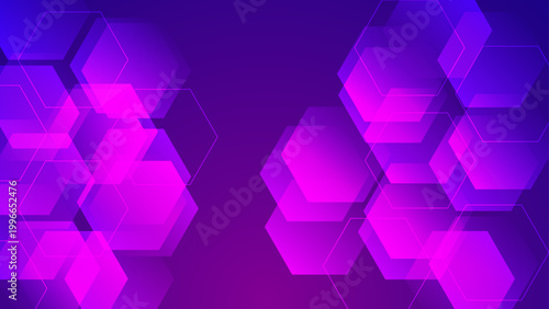 High tech purple and violet gradient background featuring overlapping translucent hexagon shapes and glowing lines