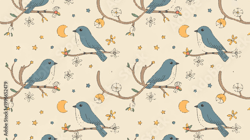 blue birds sitting on branches with flowers and stars