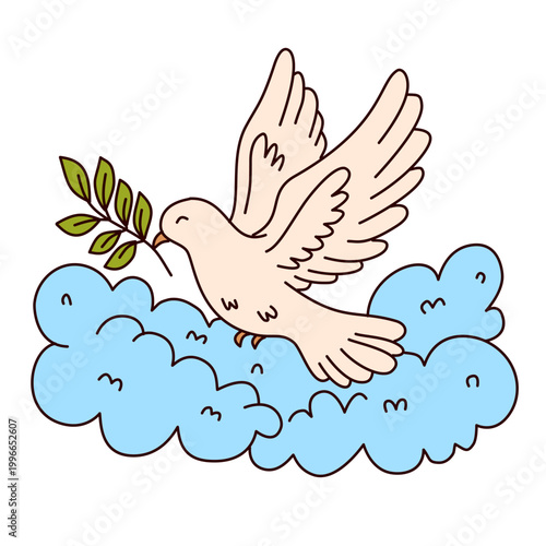 white dove flying high bringing olive branch above blue clouds