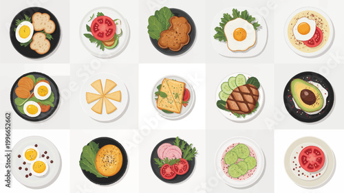Collection of various food items on plates and bowls with different ingredients  healthy eating concept