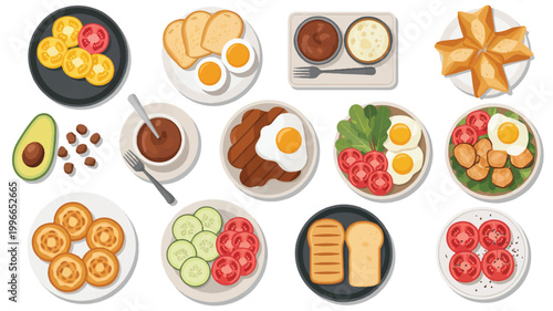 Collection of various breakfast foods on plates including eggs bread tomatoes vegetables and meat