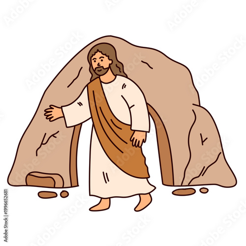 Jesus Christ walking out from entrance of an open tomb