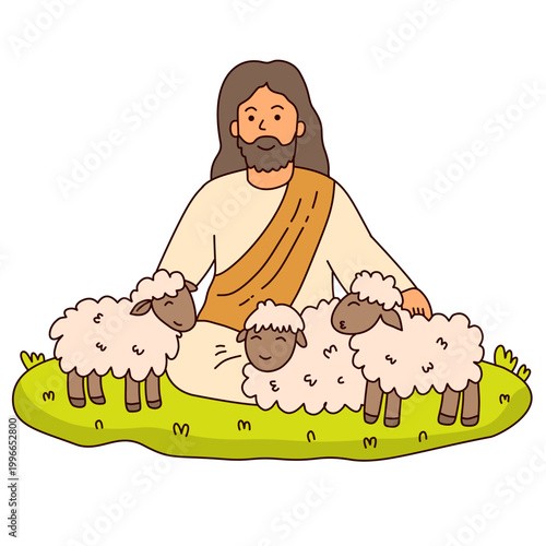 Jesus sitting on the grass surrounded by many white sheep