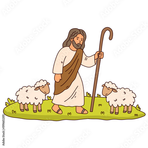 Jesus walking with a staff while leading his small sheep
