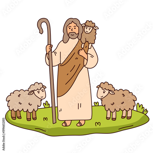 Jesus standing with staff carrying a sheep on his shoulder