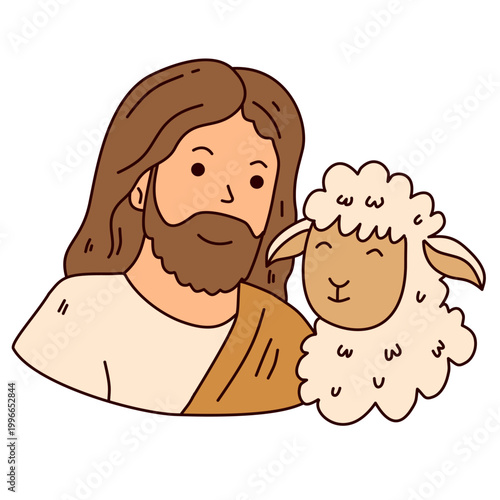 Close up of jesus smiling at a cute white sheep