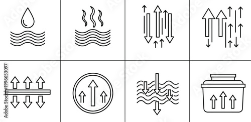 Water evaporation absorption airflow process icons set humidity heat arrows symbols outline vector collection