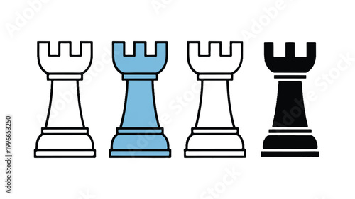 four rook chess pieces in white blue and black colors