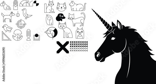 Animal pet icons set cats dogs birds symbols outline vector unicorn silhouette collection isolated