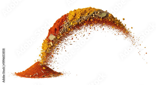 Aromatic spice explosion in motion, colorful seasoning powder splash, vibrant culinary spices and herbs flying in an arc shape for cooking isolated PNG with Transparent Background
