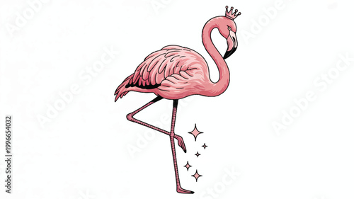 Royal pink flamingo standing on one leg with crown and sparkles
