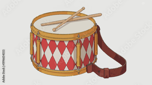 Red and white drum with brown strap and drumsticks on top
