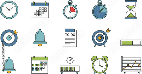 Time management and productivity flat icon set with clock calendar reminder and target symbols
