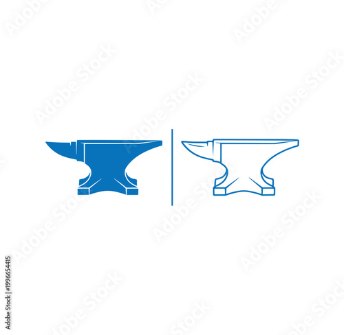 Blue anvil icons in filled and line styles for industry and craftsmanship use
