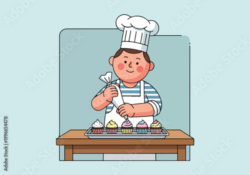A cartoon boy decorating cupcakes