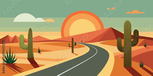 Flat Desert Road Scene Vector Illustration, Modern Minimal Landscape with Cactus No Gradient Design, Minimal Flat Desert Highway Vector, Clean Road Landscape with Cactus in Solid Color Style