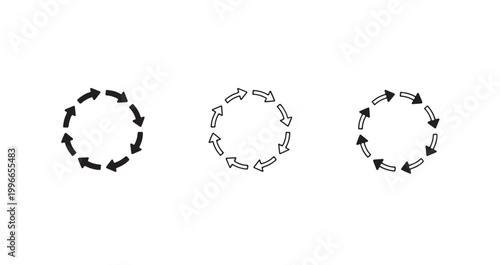 Circular arrows refresh icons set for rotation reload process dotted outline.
