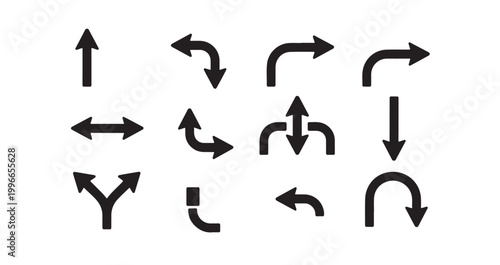 Bent and curved arrow icons representing turns and complex paths for mapping and logistics.
