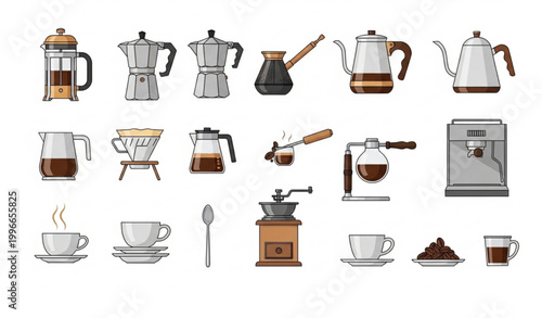 Coffee brewing tools vector set with makers grinders and cups