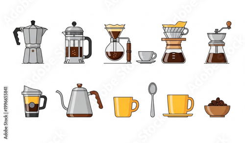 Coffee brewing vector bundle with modern and ancient maker tools