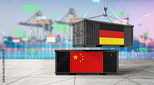 Canvas Print Global Trade Dynamics: A conceptual representation of international trade with cargo containers bearing the flags of Germany and China, suspended against the backdrop of a busy port