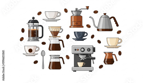 Coffee maker collection with brewing utensils and dishes vector