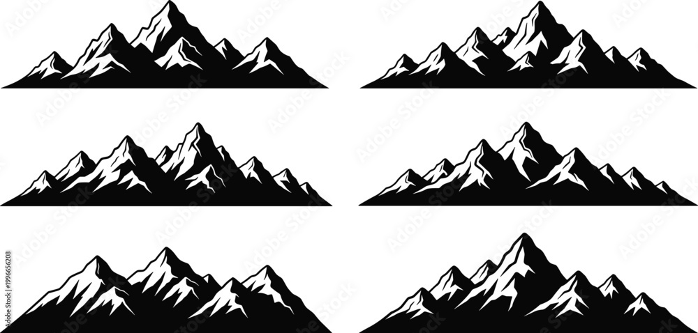 Fototapeta premium Set of black mountain silhouettes with snow capped peaks, alpine landscape vector illustration, minimalist nature design for outdoor branding use