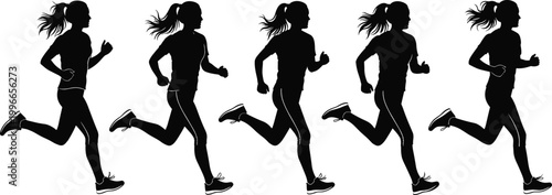 Set of female runner silhouettes in motion sequence jogging and sprinting isolated on white background, fitness sport vector illustration