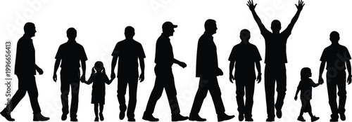 Silhouette collection of men and children walking standing and interacting showcasing family life people activities isolated on clean background