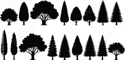 Set of tree silhouettes collection with various forest styles, natural landscape elements for environmental design, woodland illustration, and outdoor background