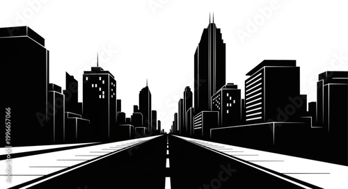 Black and white cityscape with a road leading into the distance.