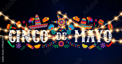 Colorful cinco de mayo celebration banner with festive decorations and lights in vibrant style