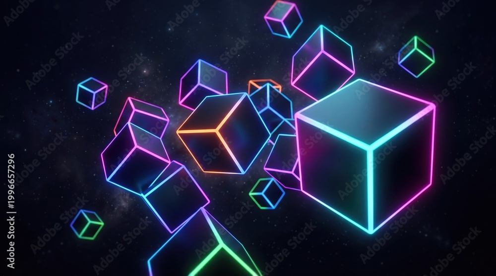 Fototapeta premium Neon cubes, glowing 3D blocks, futuristic shapes, colorful neon lights