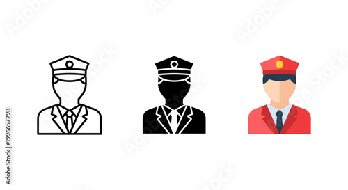 Three professional police officer hats icons in flat design for law enforcement