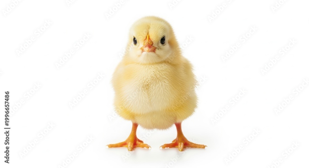 Fototapeta premium A small yellow chick standing on a white background looking cute
