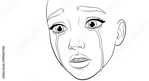 Close up of a sad crying womans face with tears streaming down.