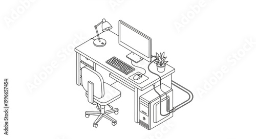 Computer desk with desktop computer and office chair illustration.