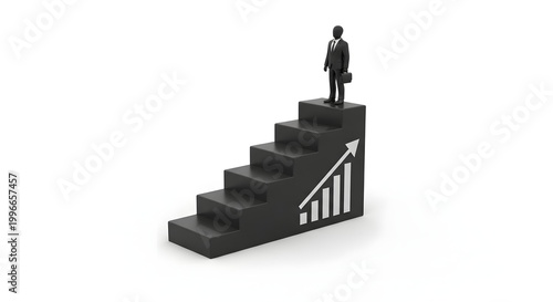 3D Businessman Standing on Top of Growth Bar Chart Stairs