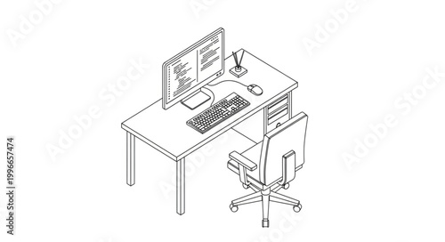 Computer desk with monitor keyboard mouse and chair.