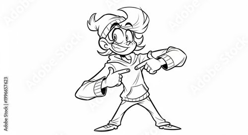 Cartoon character pointing to himself with a smile.