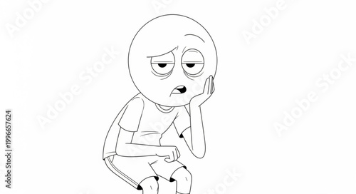 Cartoon character sitting with hand on chin looking bored.