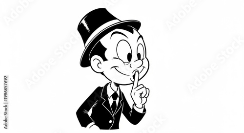 Cartoon man in a suit and hat making a shushing gesture.