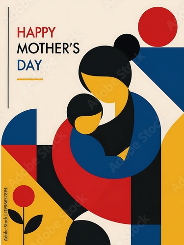 Flat mother and child embrace in bright geometric background with red yellow blue and green shapes