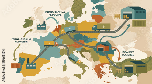 Supply Chain Logistics and Distribution Network in Europe with Factories, Warehouses, and Transportation Routes