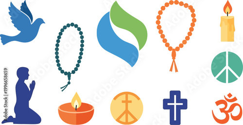 Religious icons display a dove, prayer beads, candles, and spiritual symbols for meditation and peace.