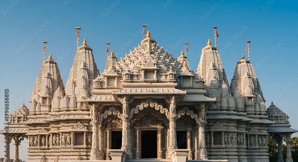 Obraz premium Intricate White Marble Hindu Temple Architecture with Towers and Blue Sky