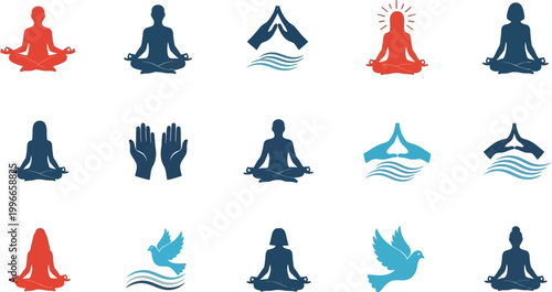 Meditation icons featuring human silhouettes in lotus positions and peaceful hands are arranged in a grid.